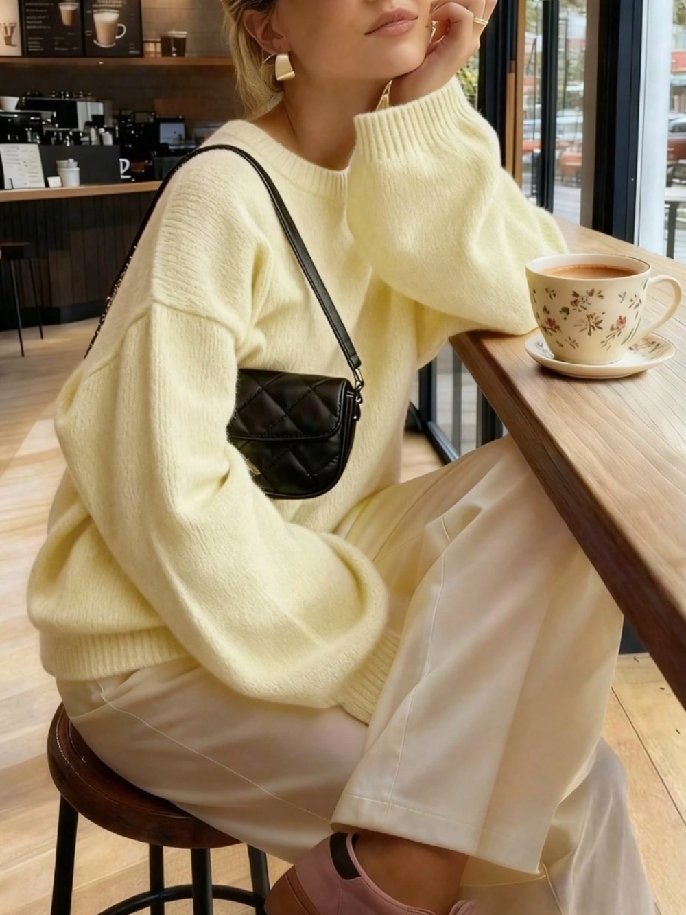 Yellow Oversized Crew Neck Pullover Knit Sweater